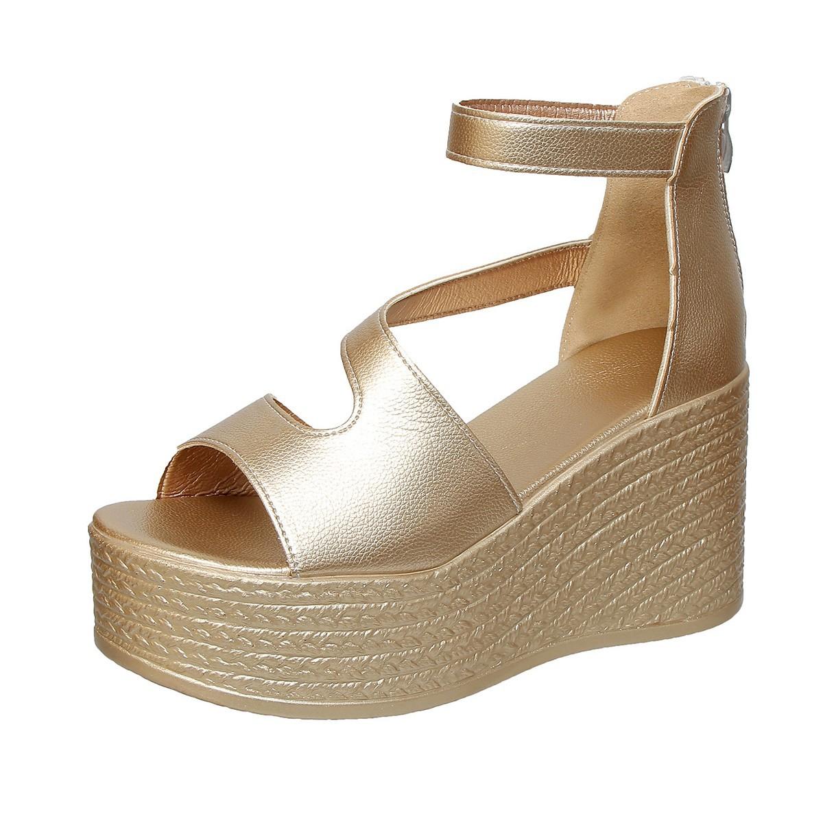 

Большие сандалии женские новые толстые подошвы рыбий рот танкетка каблук одно слово эластичная лента верхняя одежда сандалии женская обувь 43 золотой