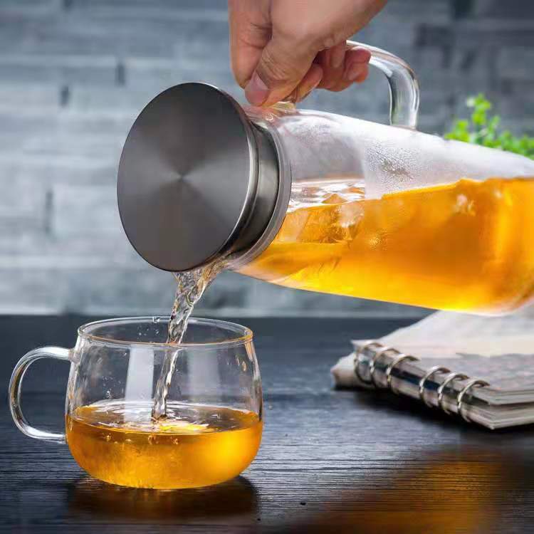Transparent Glass Stainless Steel Lid Cold Water Kettle Household Living Room Entertaining Guests Large Capacity Milk Juice Cold Water Kettle