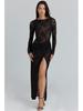 Black Lace Asymmetrical Slit Dress with Embroidery