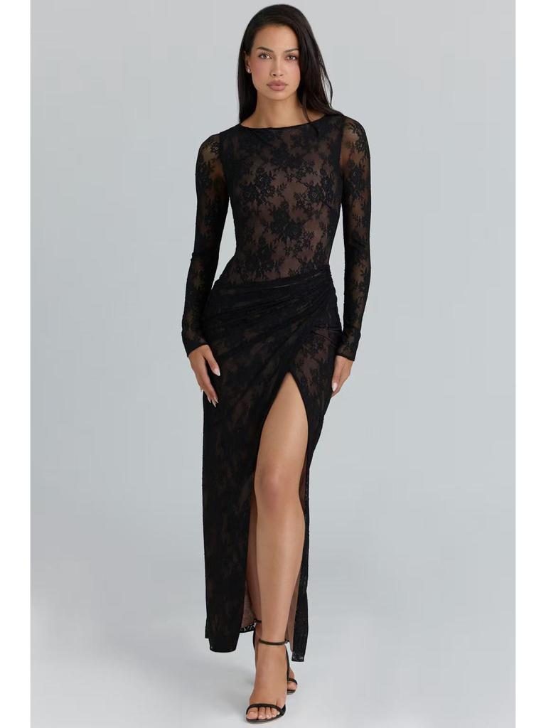 Black Lace Asymmetrical Slit Dress with Embroidery