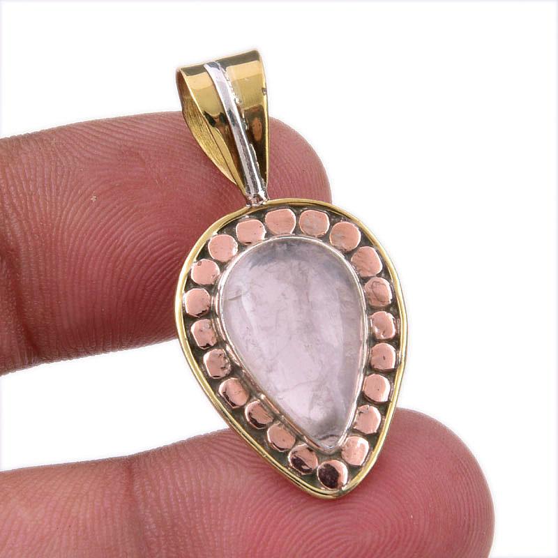 

Natural Rose Quartz 925 Solid Sterling Silver Jewelry TwoTone Pendant 1.25 k8M21