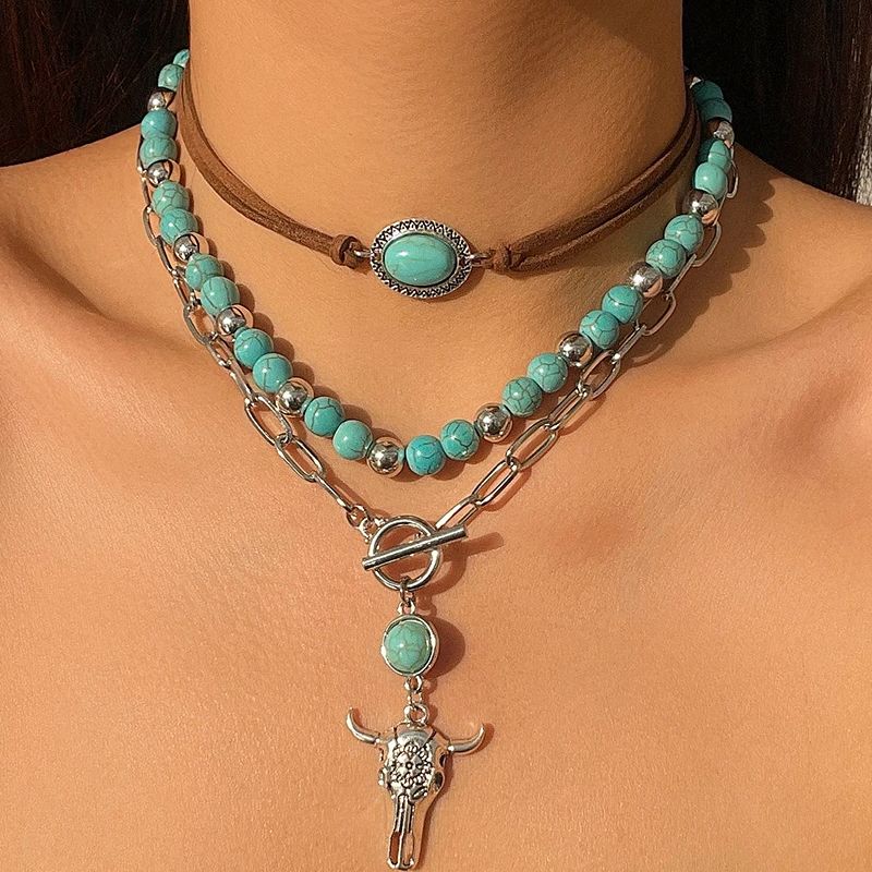 PuRui Oxhead Green Stone Women's Multi Layer Pendant Necklaces Ethnic Style Girls Necklaces Amulet Vintage Gifts Zircon New In