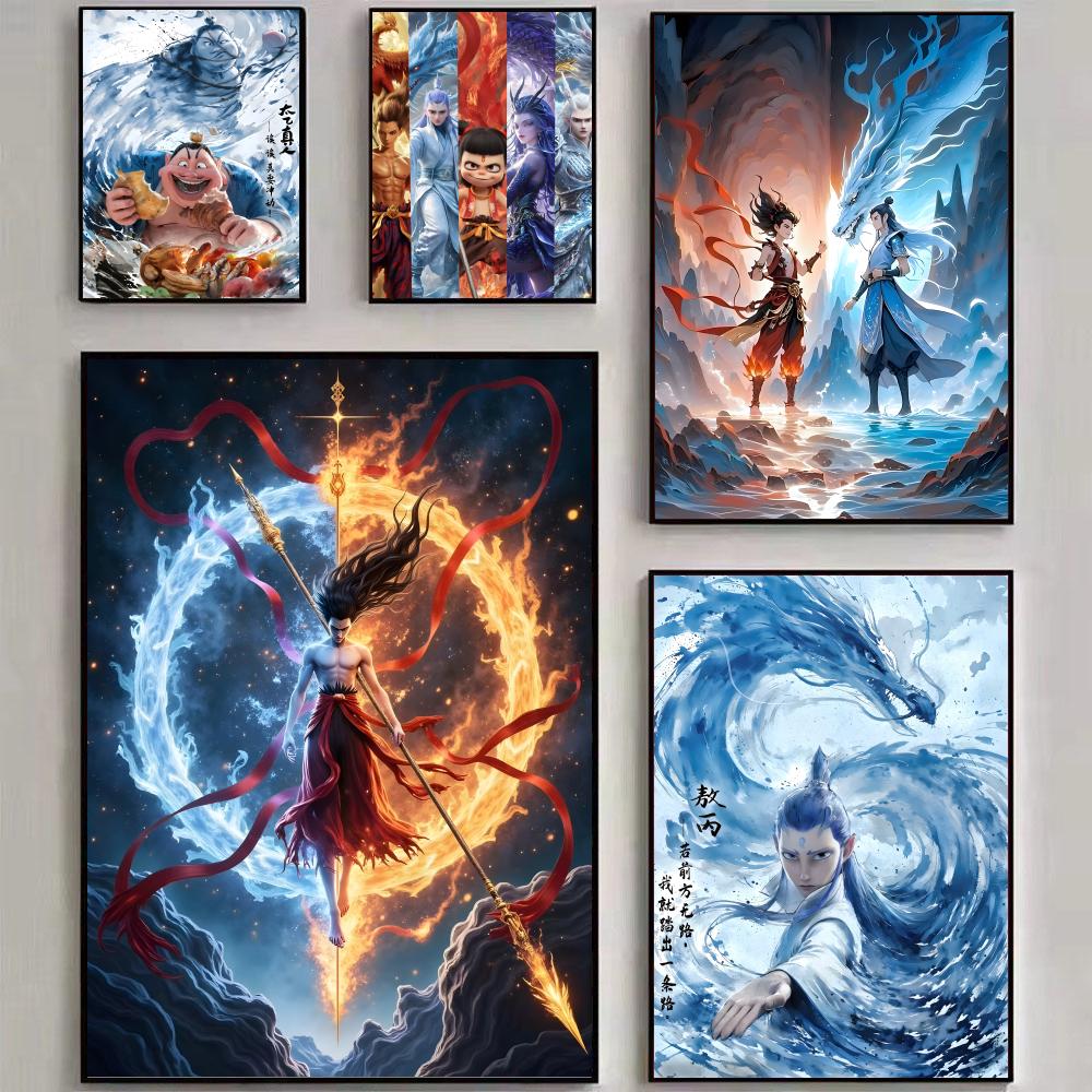 Chinese Anim Nezha Painting Calligraphy HD Canvas Poster living room bedroom bar aesthetic decoration