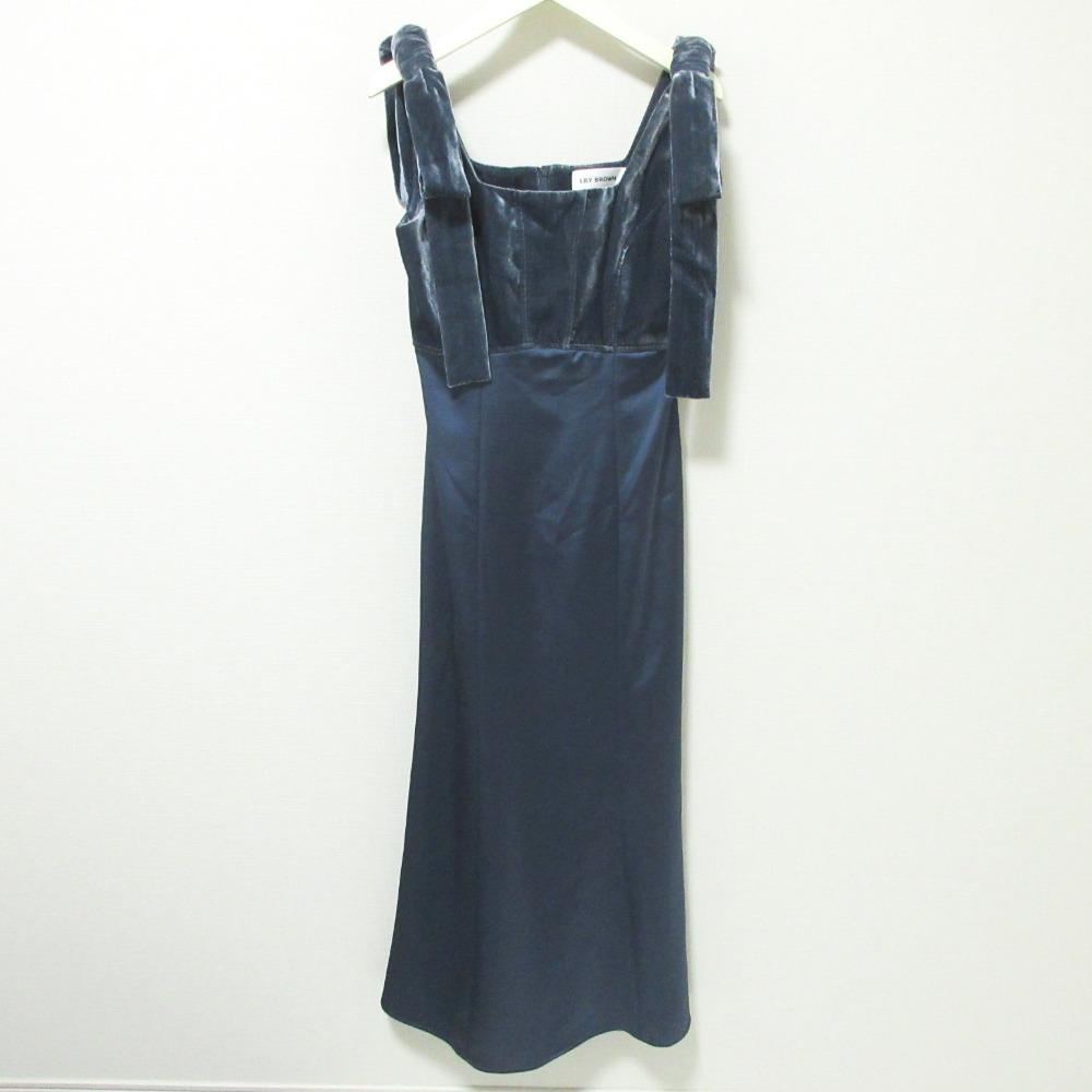 [Used] Good condition 23AW LILY BROWN Velor docking ribbon dress LWFO234057 Size 0 Navy Women s Luxs Brand used clothing