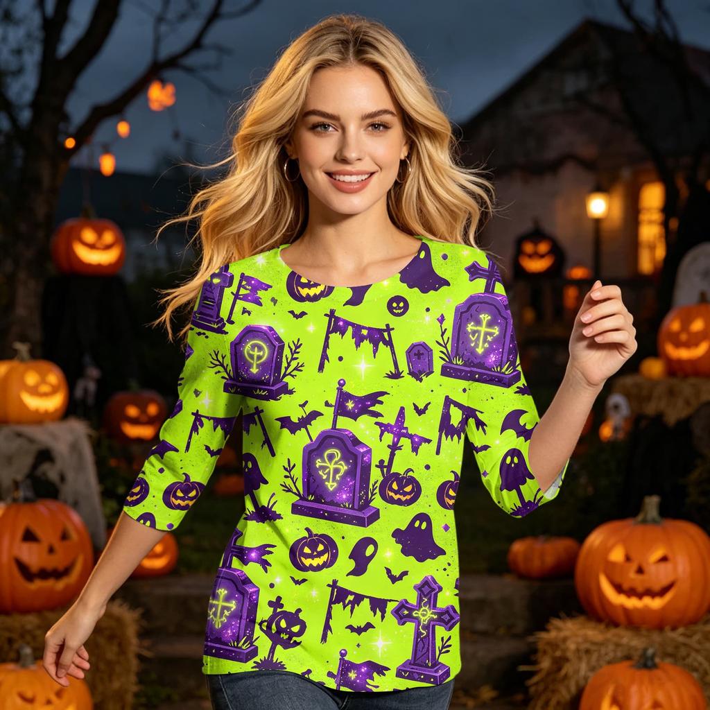 Women's Casual 3/4 Sleeve Halloween Printed Round Neck Top Lightweight Comfortable Fit Soft Fabric Pullover Shirt for Seasonal Wear
