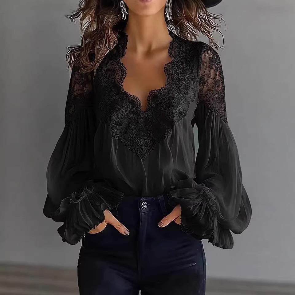2026 European & American Lace Patchwork Puff Sleeve Pleated Women's Shirt