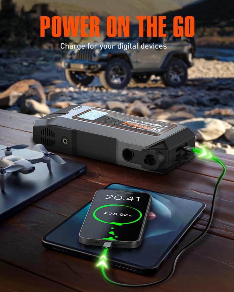 6000A 13-in-1 Portable Jump Starter with Air Compressor, 12V Power Pack for Gas/Diesel Cars, 150PSI Tire Inflator