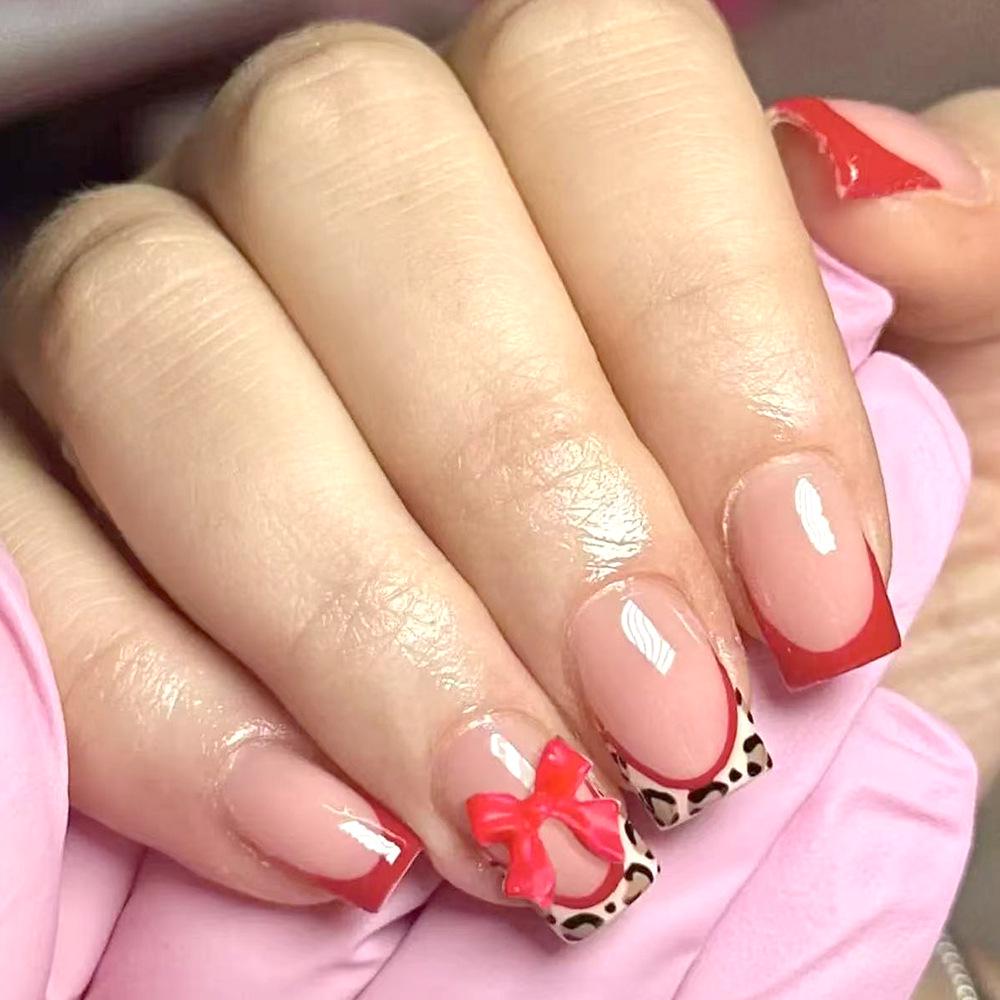 Glossy Black Square Nails with 3D Bows and Leopard Print – Versatile Daily Wear False Nails