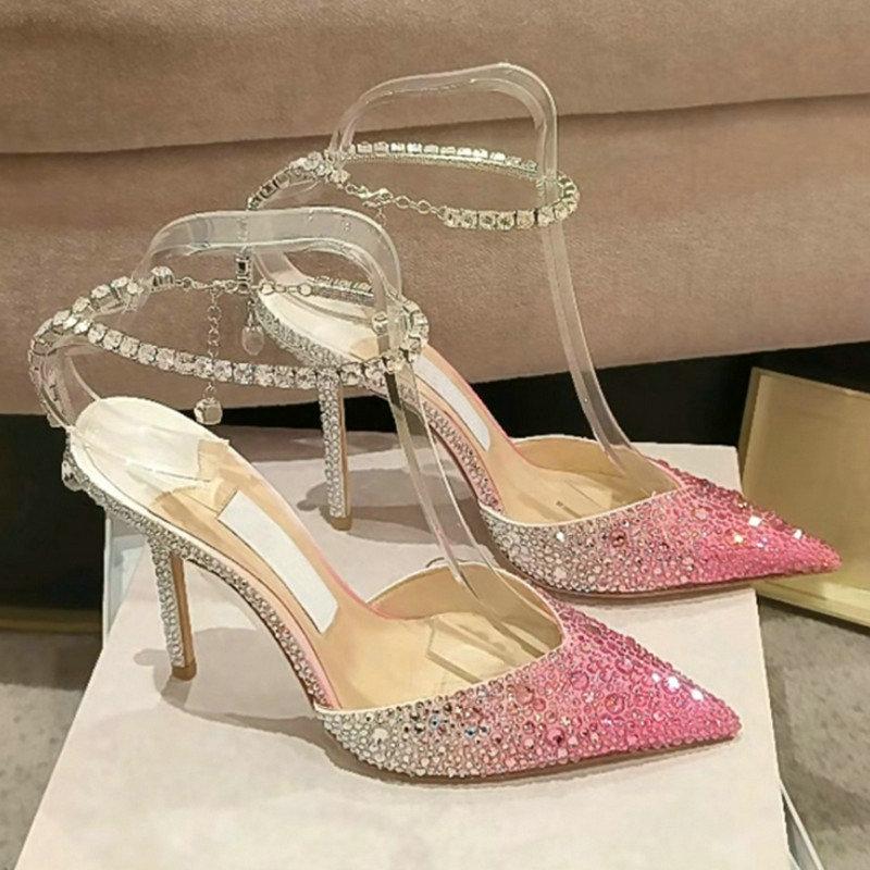 Fashion Gradient Pink Toe, Thin Heel Sandals, Women'S Full Diamond, Two-Tone, European And American Style, Mid-Back Hollow, Strappy High