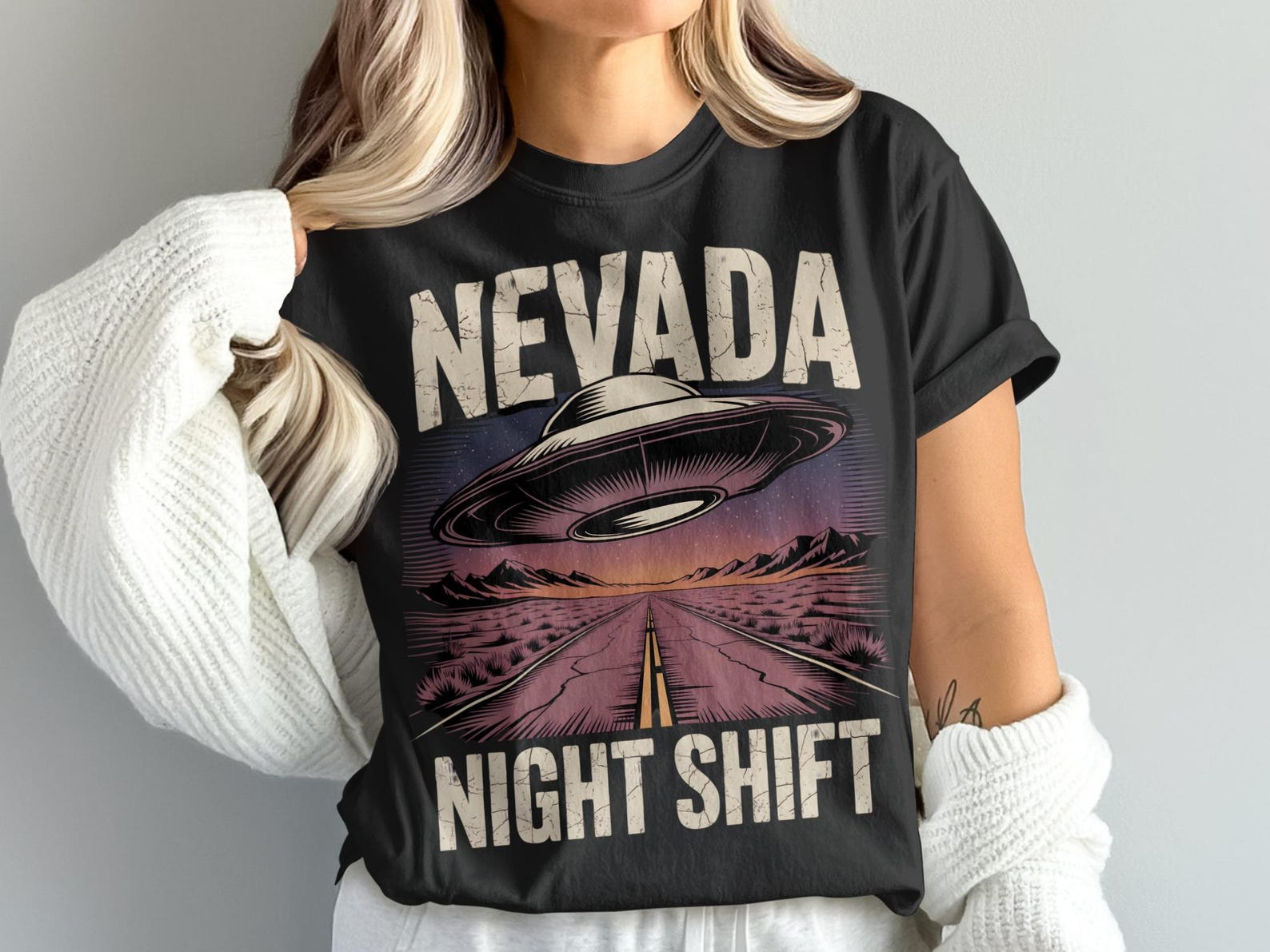 Nevada Night Shift T-Shirt, UFO Graphic Tee, Alien Abduction Shirt, Desert Road Trip, Area 51, Conspiracy Theory Shirt L