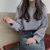 Korean Chic Autumn White Mist Haze Blue Round Neck Bubble Sleeve Top Loose Age Reducing Round Neck Long Sleeve Shirt for Women