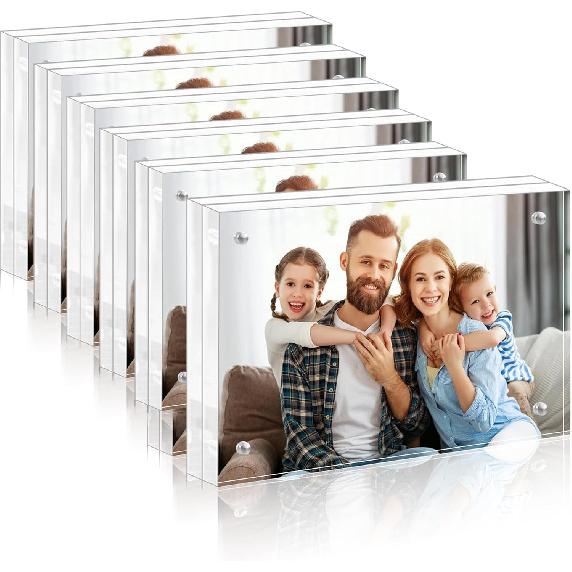 4x6 Acrylic Picture Frames, 6 Pack Double Sided Magnetic Picture Frames, 20mm Thicker Frameless Clear Photo Frame, Acrylic Photo Frame Freestanding