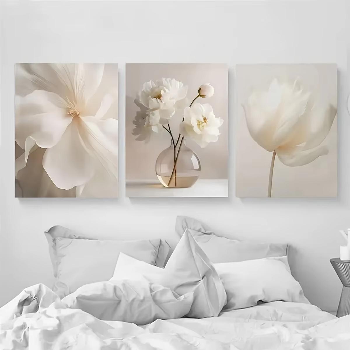 

3pcs Elegant White Peony Floral Canvas Art Prints - Frameless, Minimalist Wall Decor for Modern Home, Beige Background with Gold (as the picture,20x30cm-3pcs)