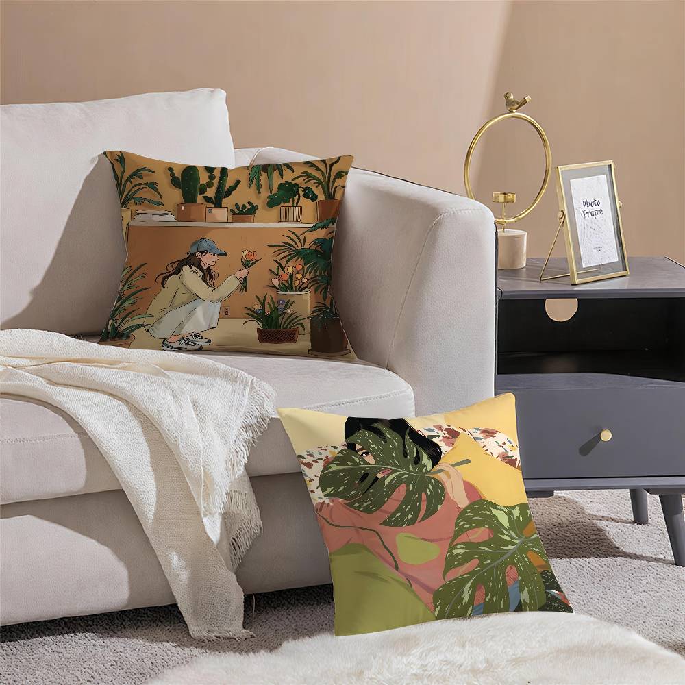 Elegante Einfache Blumenzüchtendes Mädchen Kissenbezug Druck Kissenbezug Wohnzimmer Sofa Kissenbezug Schlafzimmer Zimmerdeko