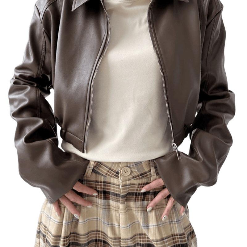 Women's American Retro Leather Jacket - Long Sleeve, Turn-Down Collar, 2025 Spring/Autumn, Sweet Cool Girl Motorcycle Style, Short Top