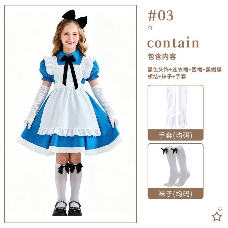 Kids Alice In Wonderland Cosplay Costume Set - Black Maid Dress With Apron Bow Hairband Stockings Halloween Party Performance