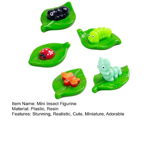 5 Pcs Mini Green Leaf Insect Figurine Tiny Ladybug Bee Worm Ornament for Car Interior Office Desk Decor Fairy Garden Micro Landscape