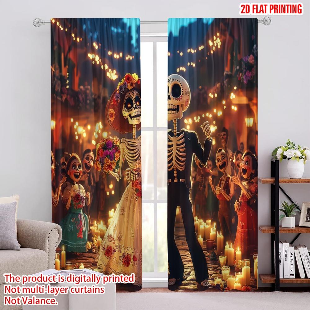 

Flat Printing Colorful Day Dead Scene Curtain Flowers Versatile Polyester Without Electricity Curtains Set Of 2 Made W100*H70(CM)-Rod Pocket&2PCS