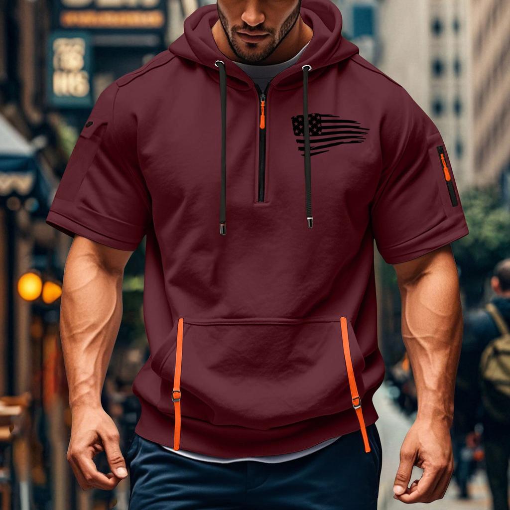 Men's Summer Shirt Print Zipper Pocket Short Sleeve Hooded Sweatshirt Men's Sports Large Size Casual Sweatshirt