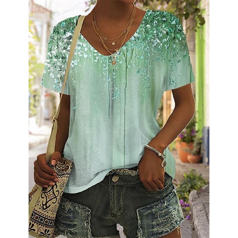 

Модна жіноча футболка з принтом у смужку та градієнтним V-подібним вирізом з короткими рукавами Вінтажні топи Вуличний літній одяг великого розміру Жіночі футболки 5XL