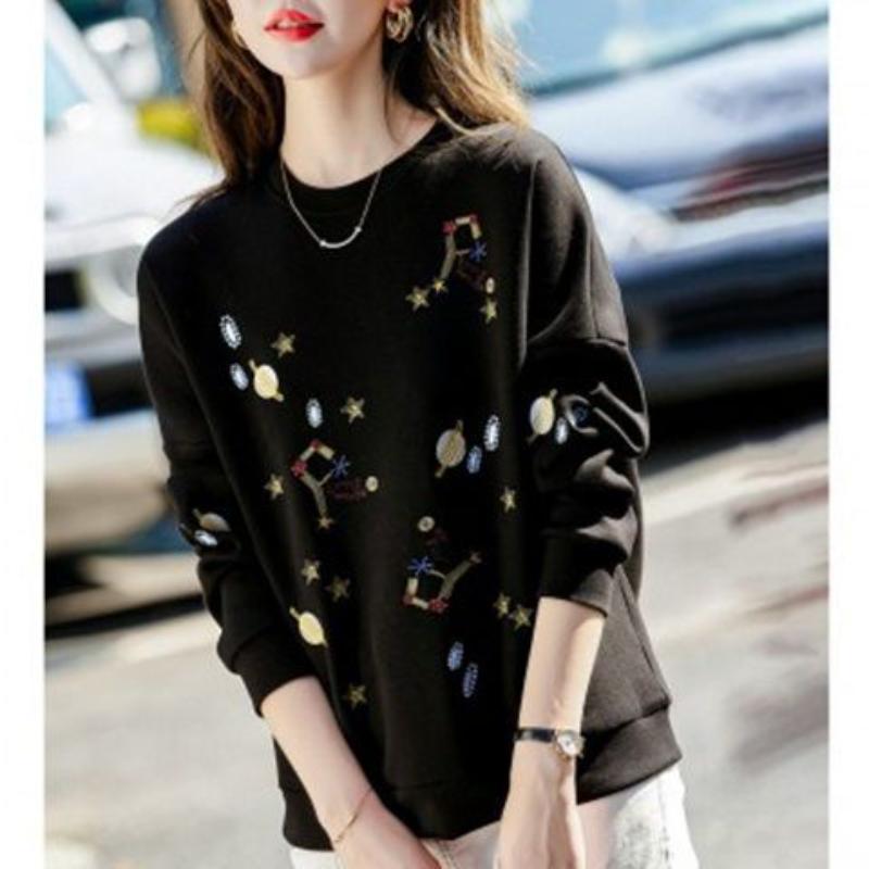 Damen Neuer gespleißter Pullover Rundhals Bestickt Modisch Locker und Vielseitig Lässiges Langarm-Oberteil