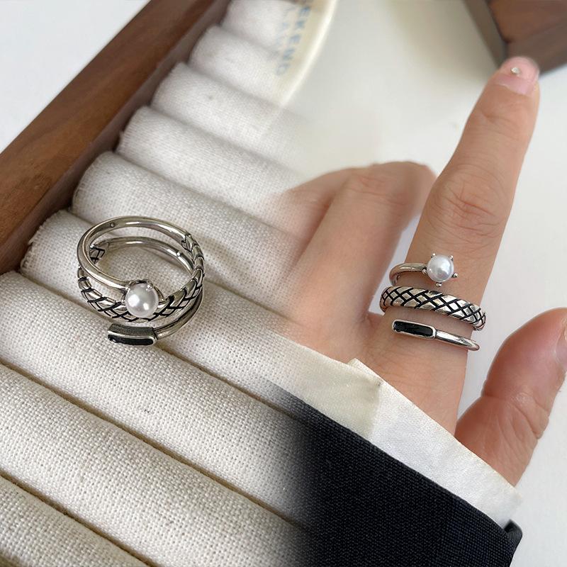 Black Drip Glaze Retro Thai Silver Jewelry Women's Non-fading High-end Open Ring