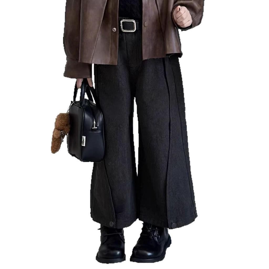 Girls' 2024 Autumn/Winter Sweet Retro Leather Jacket & Sweater Set with Wide-Leg Pants