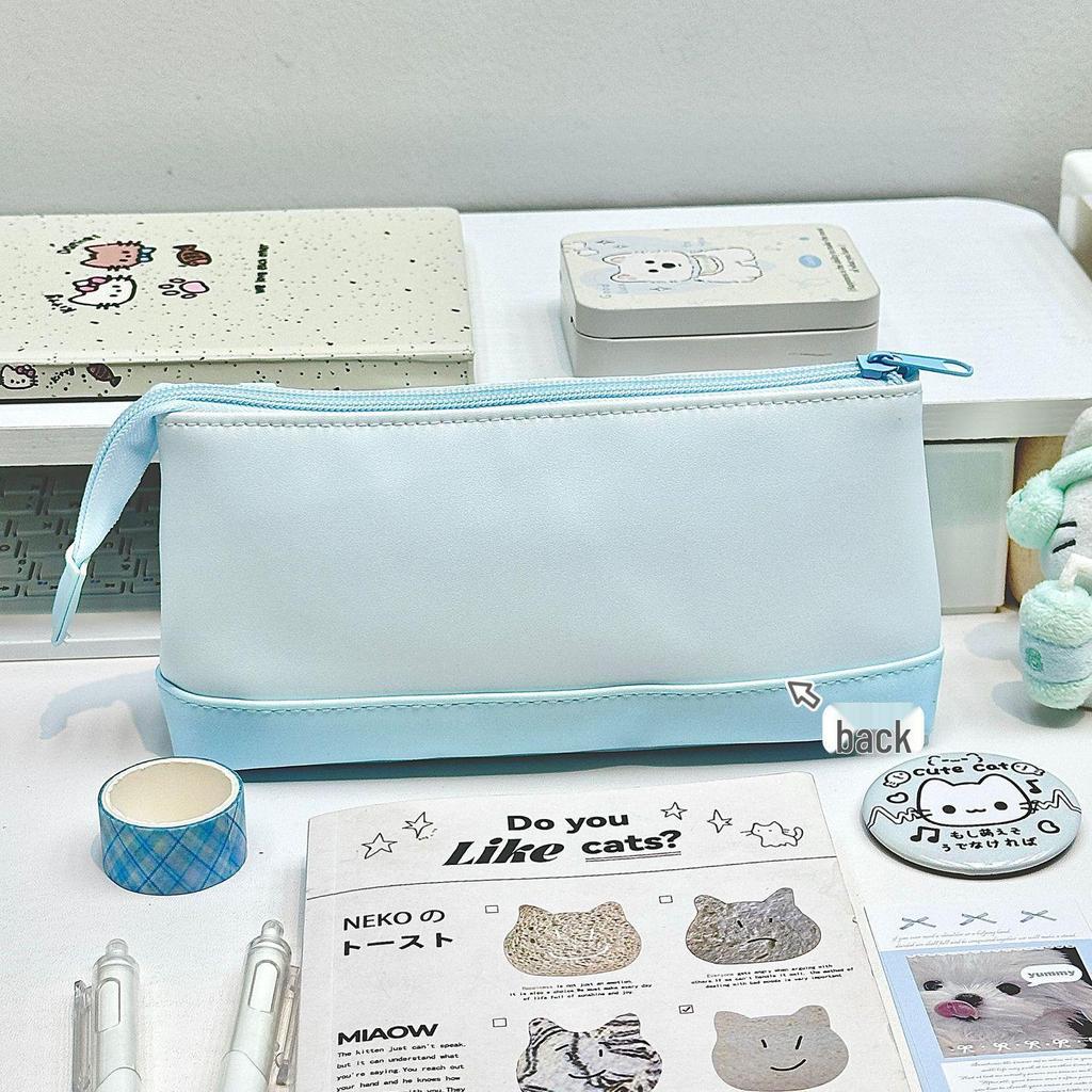 Cute Blue & White Kitten Pencil Case - Large Capacity Cartoon Stationery Box for Female Students