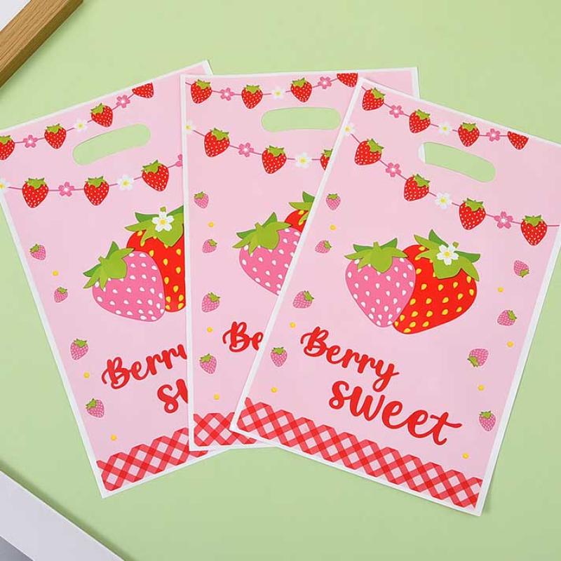50Pcs Red Pink Strawberry Goody Candy Treat Gifts Bags Summer Berry Theme Kid Birthday Party Favor Supplies Decorations