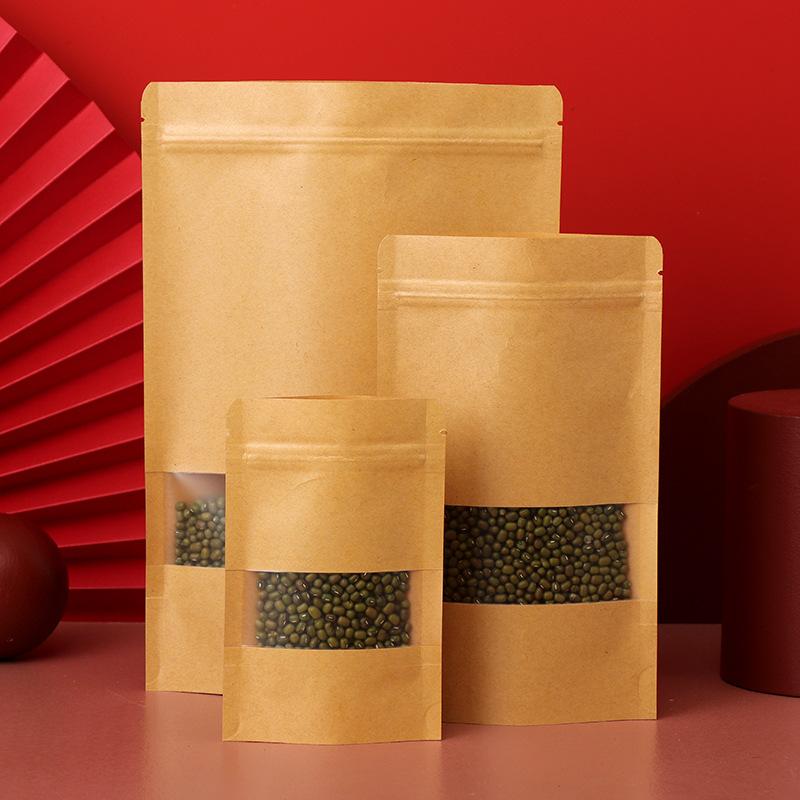 50/100pcs kraft paper zipper lock window bag brown re-sealable stand-up pouch coffee bean wedding festival food packaging