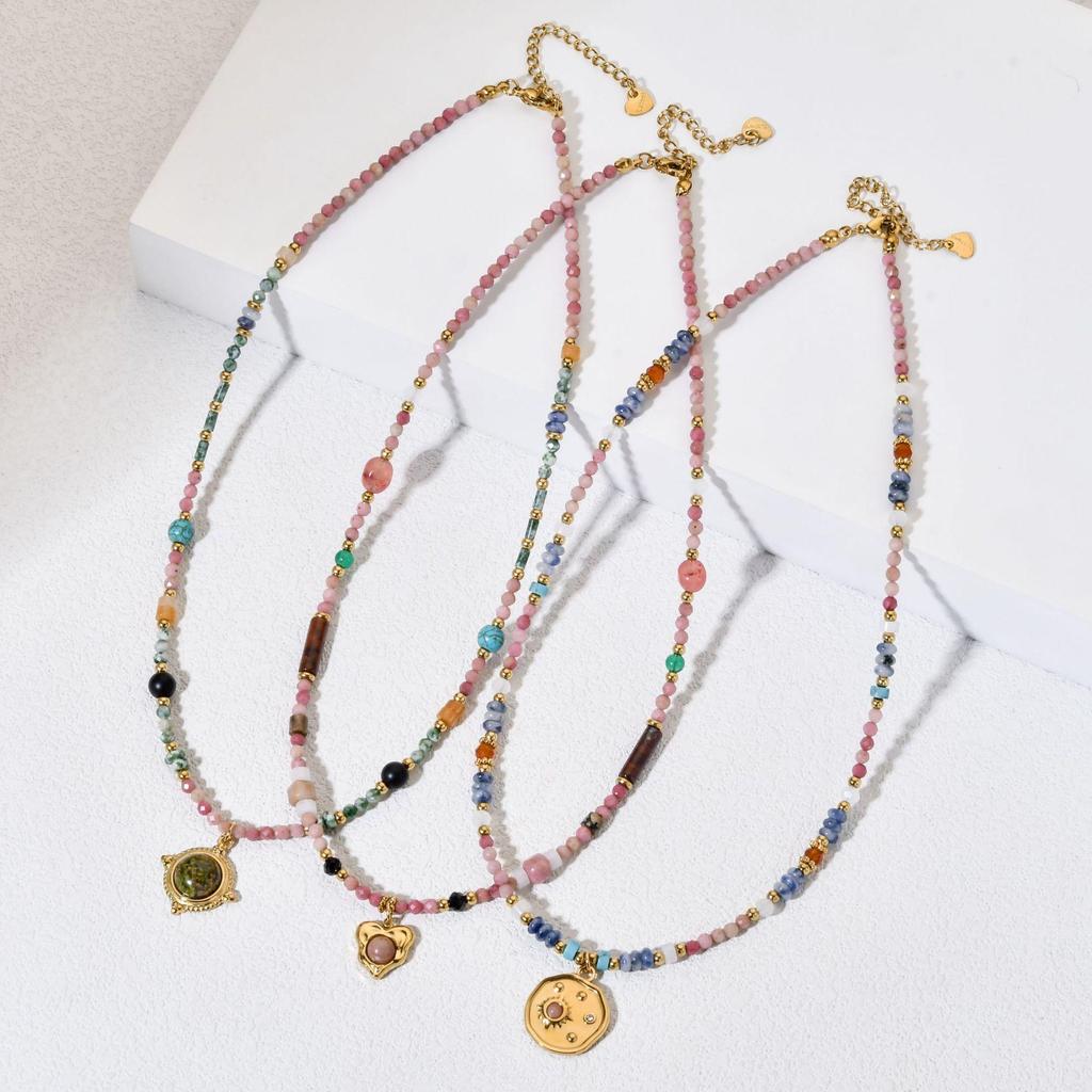 Retro French Colorful Beaded Necklace with Stainless Steel Pendant - High-End Clavicle Chain