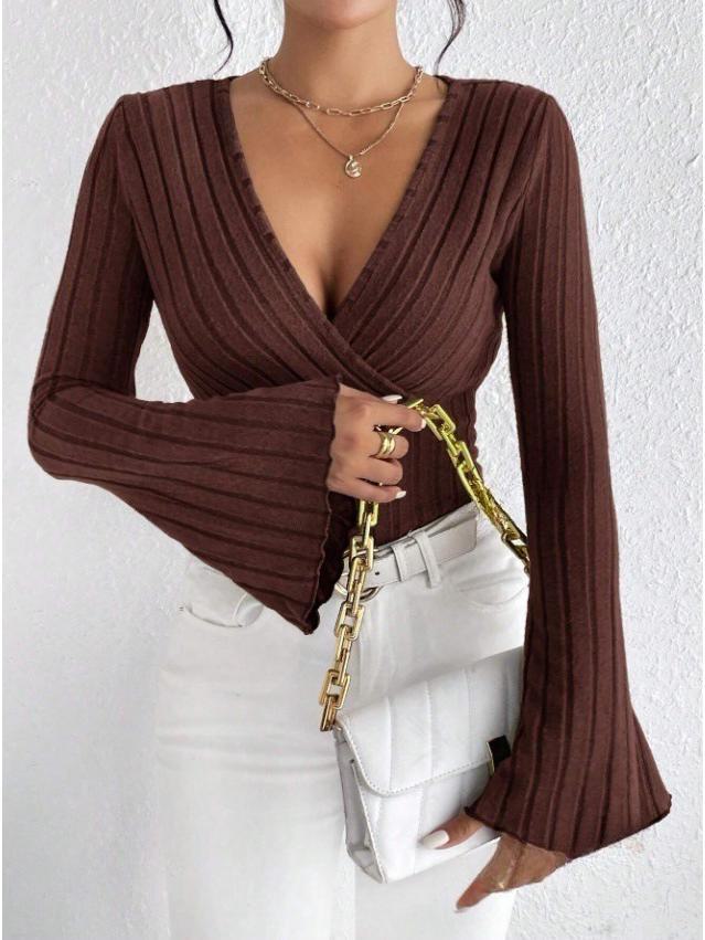 Women's V-Neck Ribbed Slim Long-Sleeve Autumn/Winter T-Shirt
