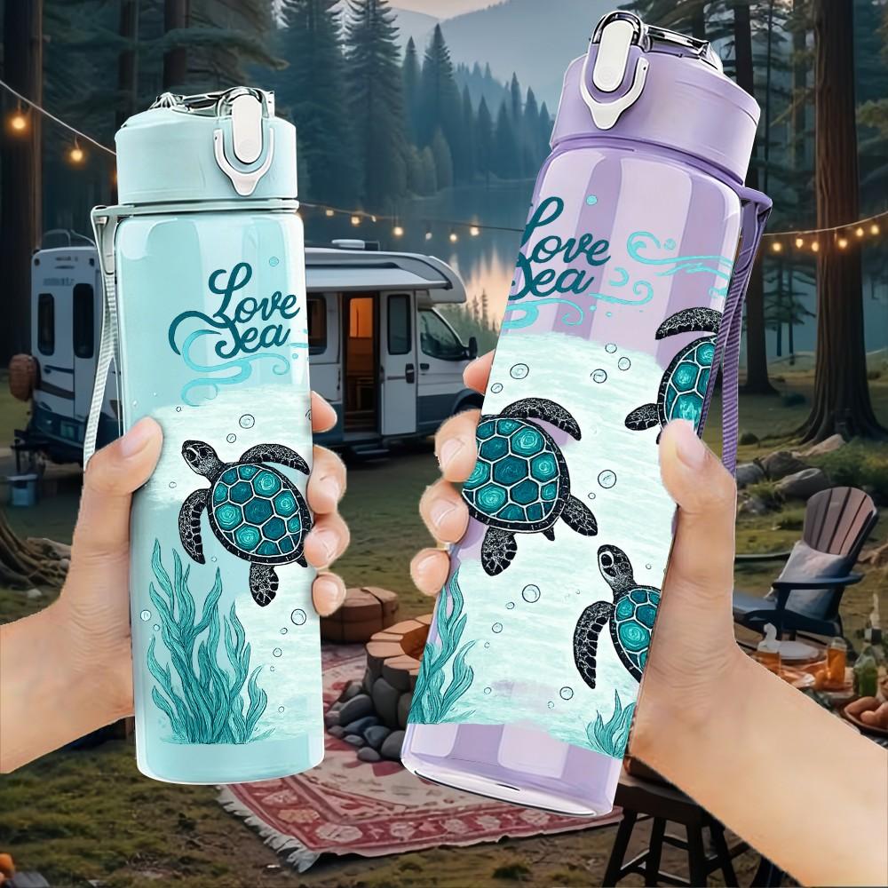 1PC Multiple Sea Turtles Ocean Print 750ml Color Plastic Sports Water Bottle Leakproof Flip Straw Lid Suitable for Sports Office Home Use