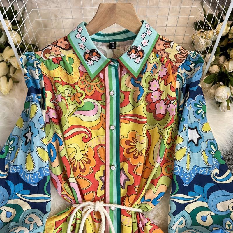 Women's Spring and Autumn French Style Elegant Lantern Long-sleeve Printed Dress Court Style Lace-up Slim-fit Long Dress