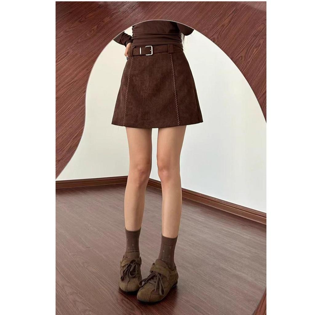 Plus Size Coffee Suede High-Waisted A-Line Skirt for Women - Chubby to Fat Girls Midi Skirt for Autumn/Winter