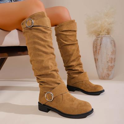 Damen Stiefeletten Gürtelschnalle Baumwollschuhe Damen Herbst Winter Dicker Absatz Lange Stiefel Westernstil Plissierte Flache Stiefel Damen