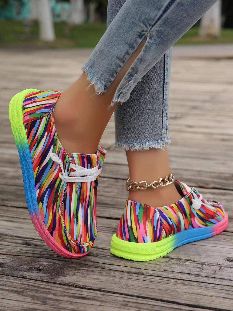 Fashion 2025 Women's Ethnic Rainbow Canvas Shoes Autumn New Round Headed Multi Color Printed Lace Up Casual Wear Women's Flat Shoes
