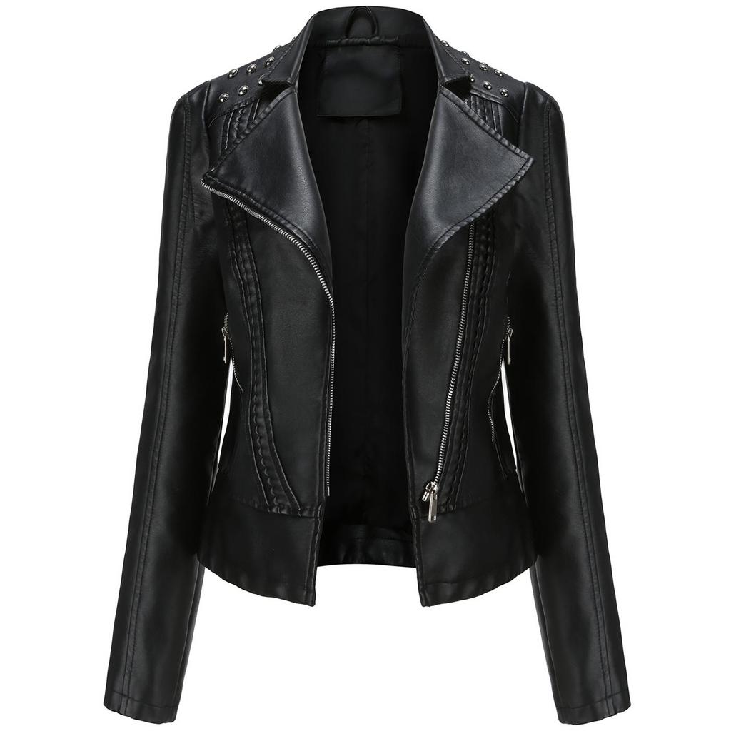 Women Faux Leather Jacket Moto Biker Short Coat PU Motorcycle Racer Lapel Collar Crop Blazer Punk Rock Stylish Outwear with Rivets Fashion Tops Outfit