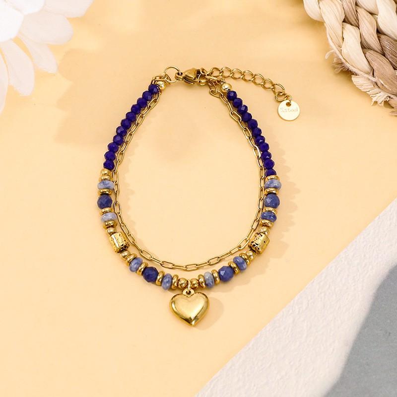 Boho Style Stainless Steel Double Layer Bracelet With Natural Stone Beads Heart Charm Women