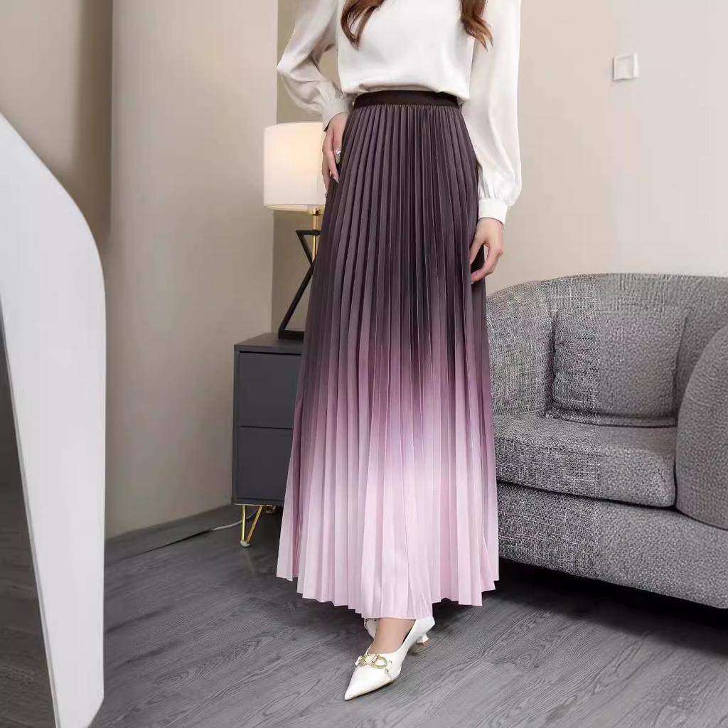 Women Spring Fall High Waist All Match Gradient Color Pleated A Line Skirt