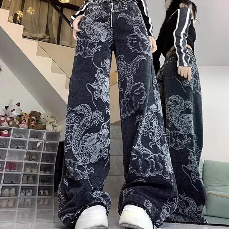 2024 Women s Wide-Leg Dragon Embroidery Jeans - Chinese National Style Small