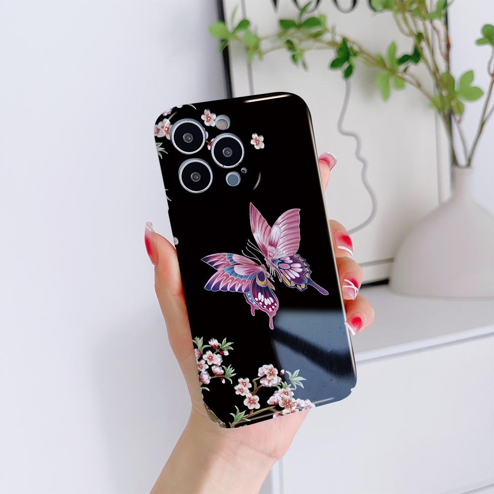 For iPhone 16 15 14 Samsung S23 A52 A33 A73 A53 Huawei Xiaomi Redmi OPPO Vivo Gradient Butterfly Floral Flower Full Lens Protect Hard Phone Case