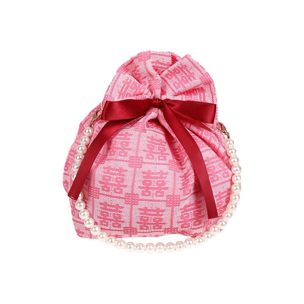 Pearl Handle Wedding Drawstring Bag Satin Bow Letter Flower Tassel Knot Wrist Bag Large Capacity Bucket Bag