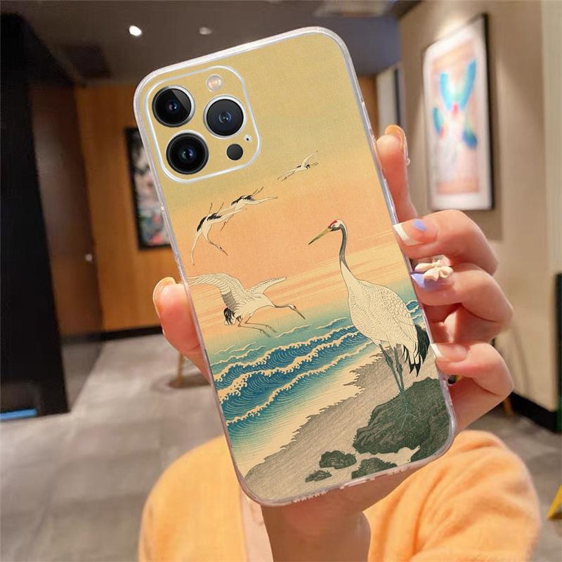 Phone Case For iphone 17 Air 17 Pro Max 16 15 14 13 Pro Max 15 16 Pro 15Plus Japanese style Art Crane Fuji Mountain