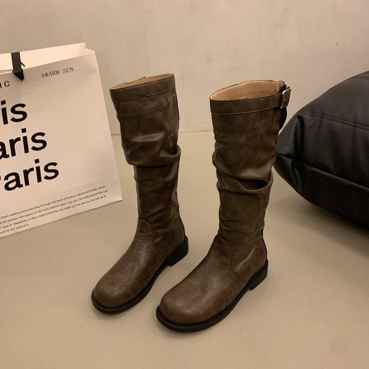 

2025 ботинки на платформе дизайн толстый каблук высокие ботинки Мартина женские ботинки французская ранняя осень замша хаки тонкие ботинки 40 коричневый
