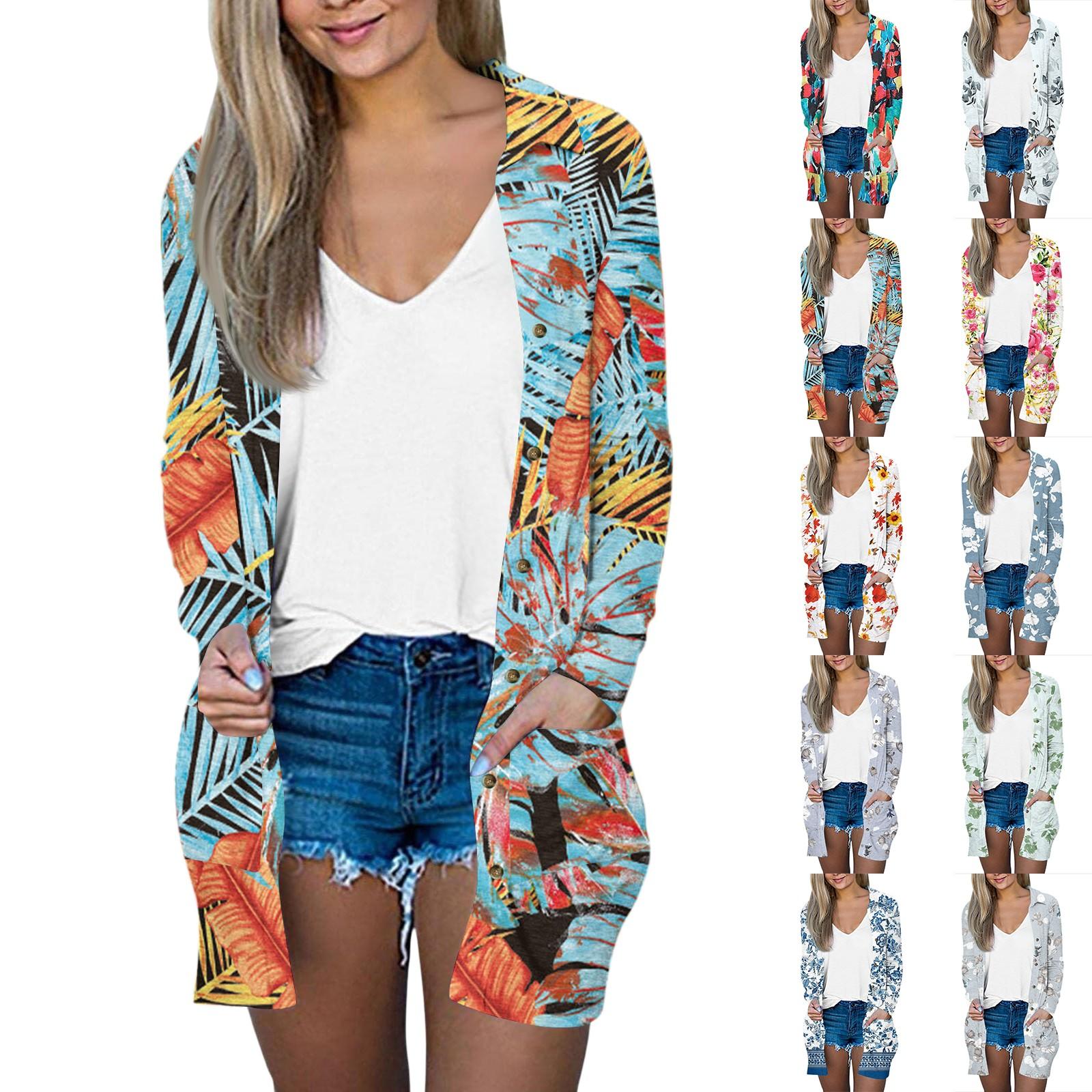 

Women s Casual Fashion Printed Long-sleeved Mid-length Cardigan Jacket L