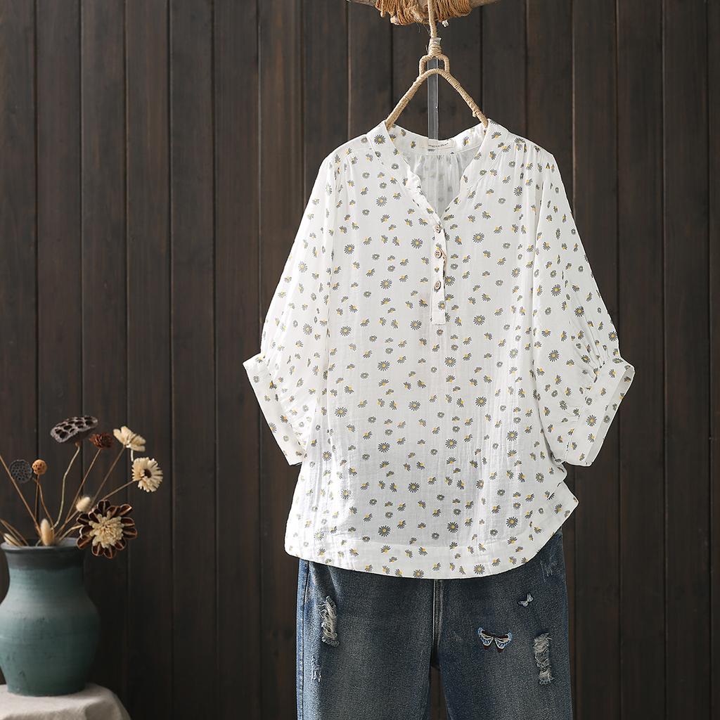 Cotton Yarn Shirts Large Size Tops Women Pastoral Style V Neck Half Sleeve Printed Shirts and Blouses Middle Aged Women