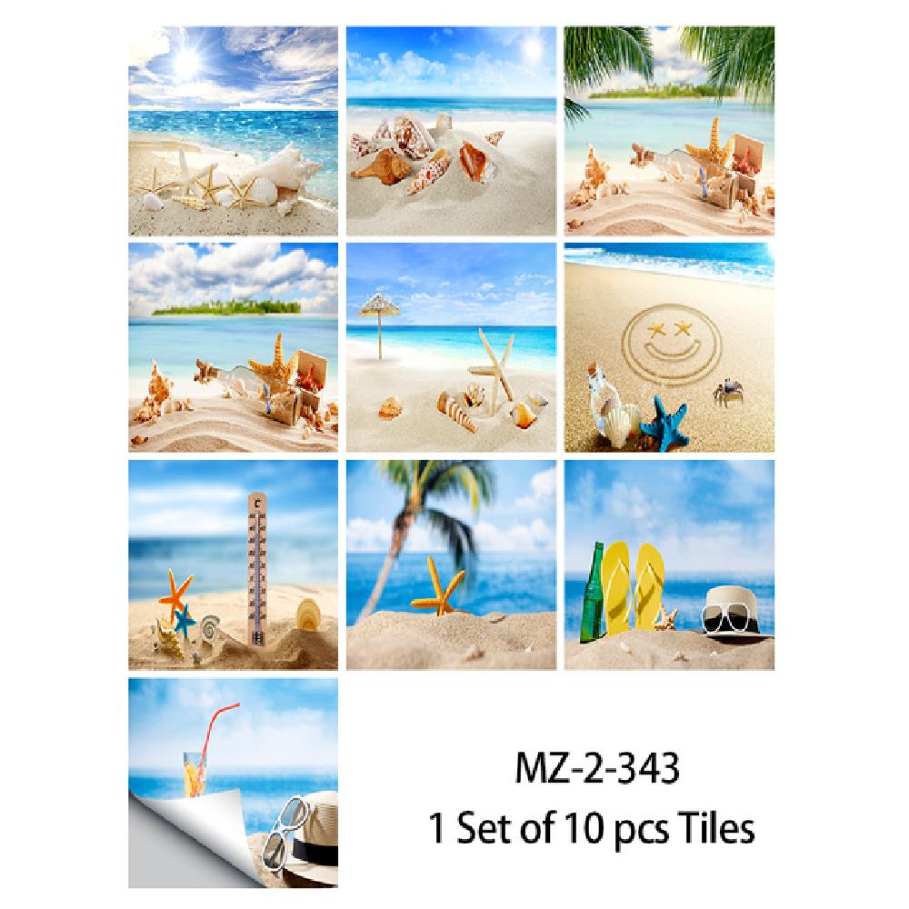Plážová scenérie Skořápkové dlaždice Samolepka Kuchyňská skříň Umyvadlo Samolepky na stěnu Domácí dekorace Samolepící voděodolná umělecká tapeta 10ks