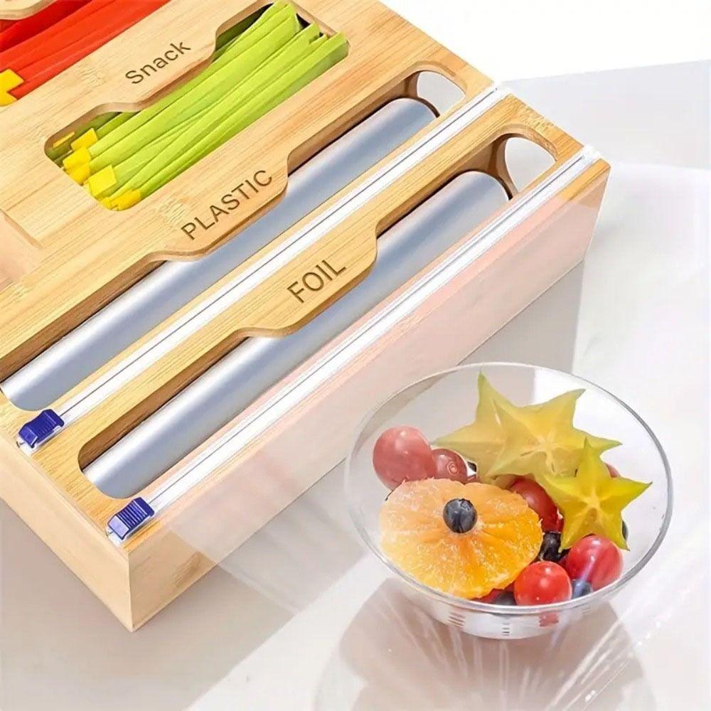 Bamboo Plastic Wrap Dispenser Wood Cling Film Holder Plastic Bag Organizer  Plastic Bag