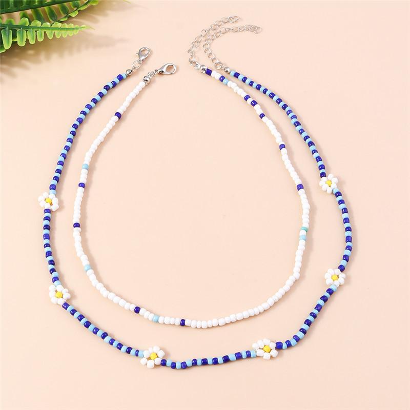 Summer Boho Korea Lovely Flowers Seeds Beaded Necklace Statement Short Collar Choker Necklace for Women Vacation Jewelry Gifts